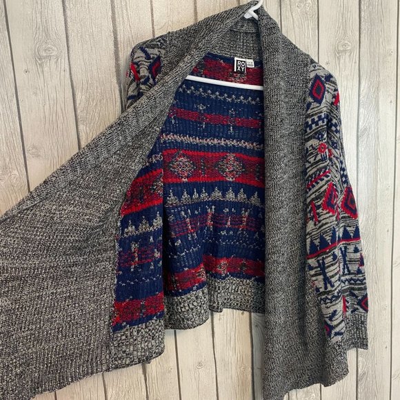 Roxy Grey/Red/Blue Aztec Print Oversized Knit Open Draped Cardigan Sweater Small - Picture 11 of 11